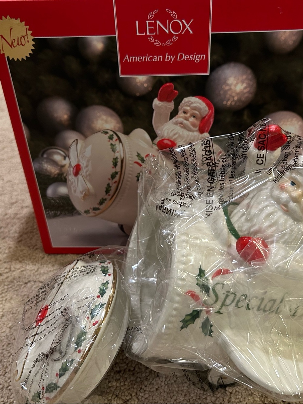 Lenox White, Red and Gold Santa cookie jar.   Still in wrapping.
